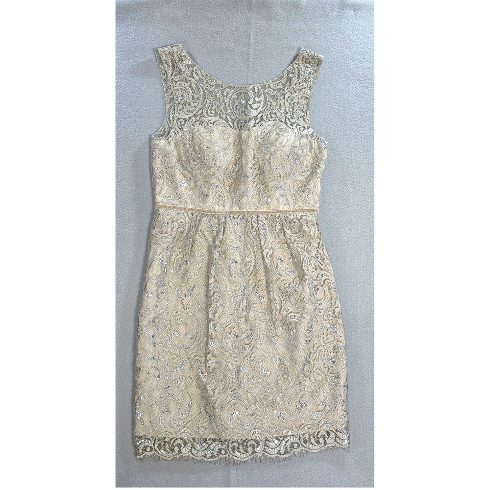 Jenny Yoo Coquette Metallic Lace Cocktail Dress 8 Wedding Guest Gold Silver